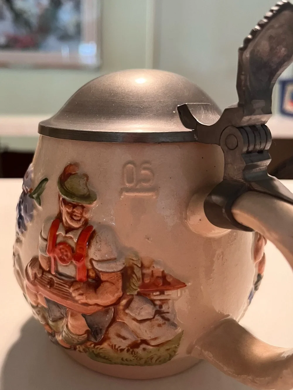Vintage RM German Beer Stein Pewter Lid Relief Alpine Dancers Accordion 0.5L #38